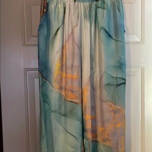 Silk Wide-Leg Pants in Blue and Gold